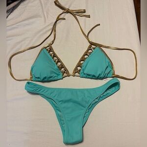 Victoria's Secret Blue and Gold Bikini Set with Triangle Top